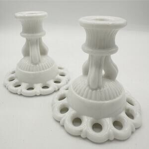 Vintage Pair of Westmoreland Milk Glass Doric Lace Candlestick Holders